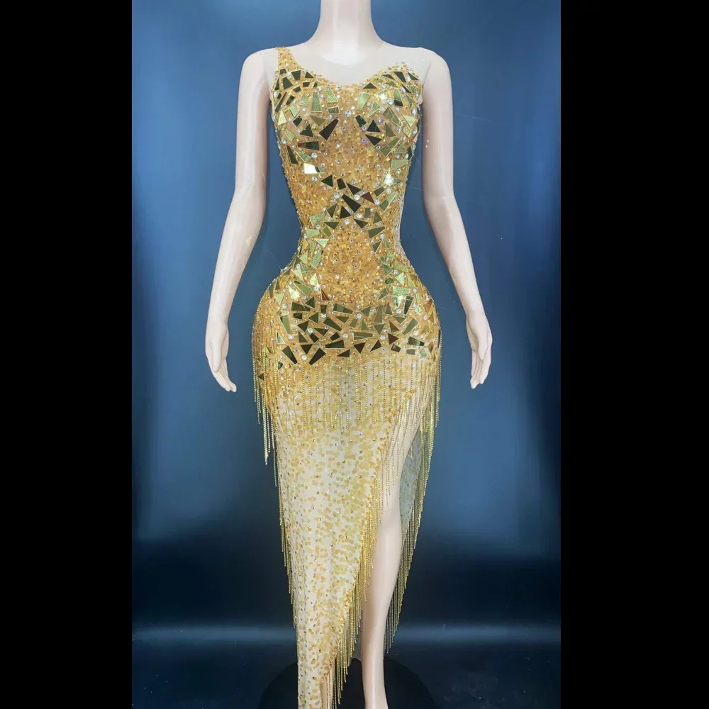 Gold Shining Mirror Sequins Rhinestones Sleeveless Tassel Split Sexy Women Dress Jazz Ballroom Prom Wear Stage Singer Costume