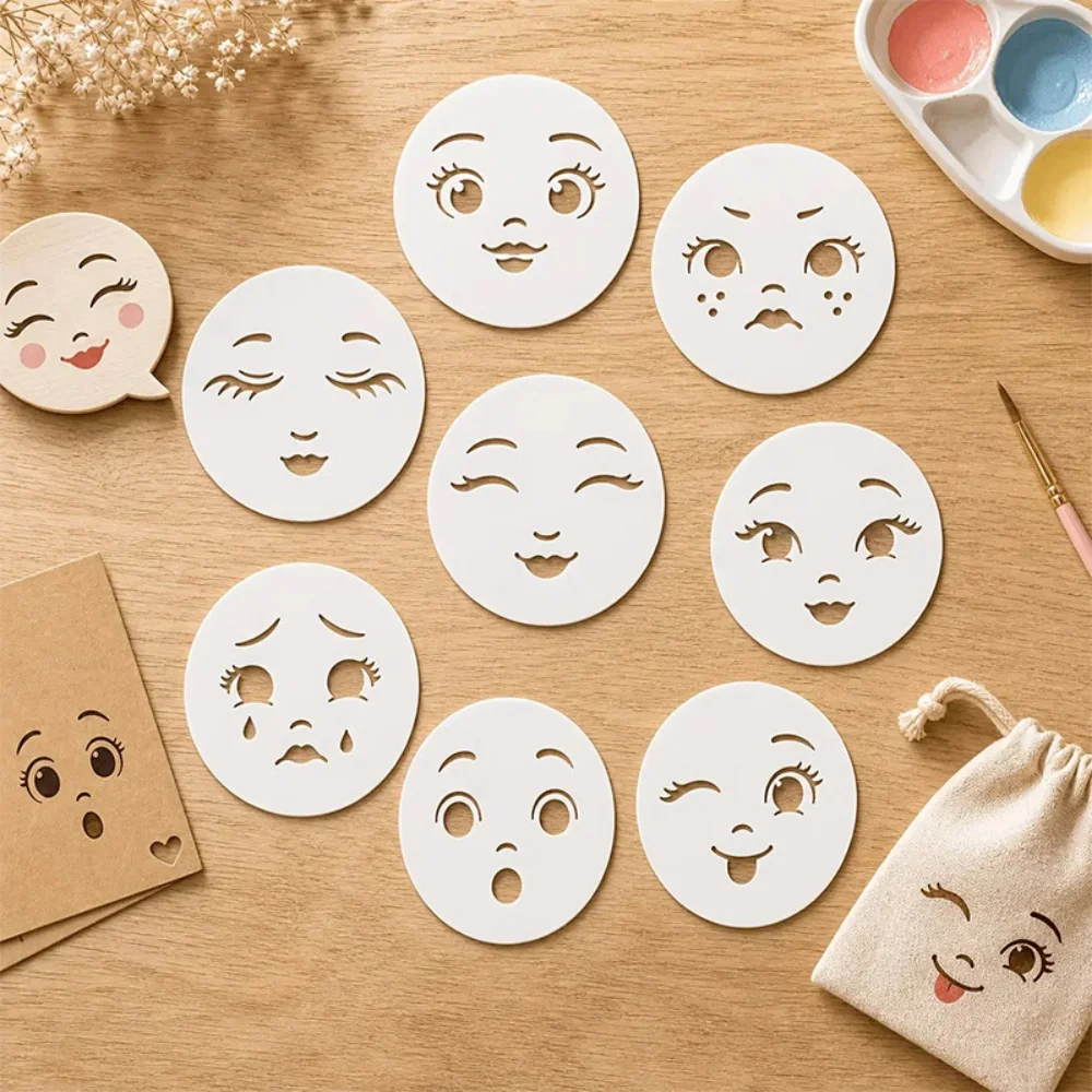 8pcs Face Expression Stencils White Facial Features Painting Stencil PET Cartoon Theme Pattern Stencils