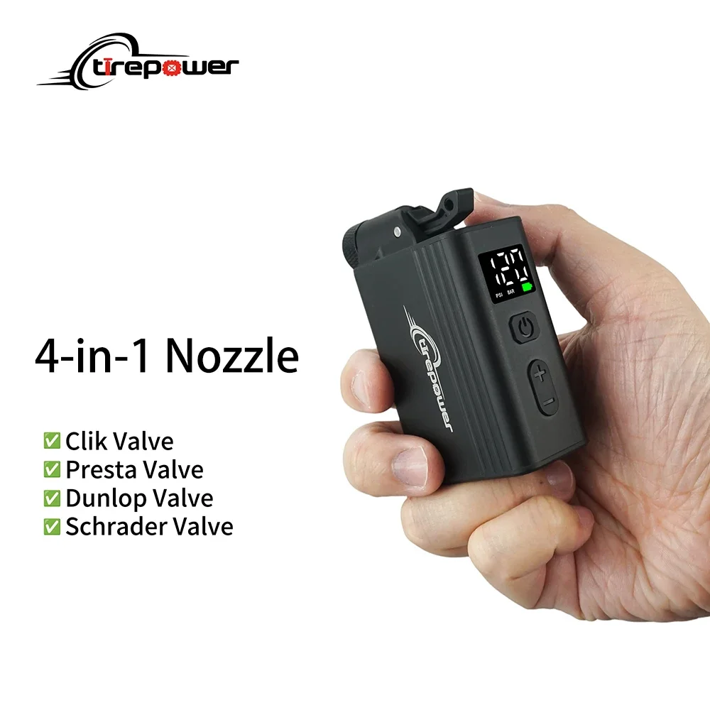

Mini Portable Electric Air Pump Bike Tire Inflator 120PSI with Screen Fast Charging with Presta Schrader Dunlop & Clik Valves