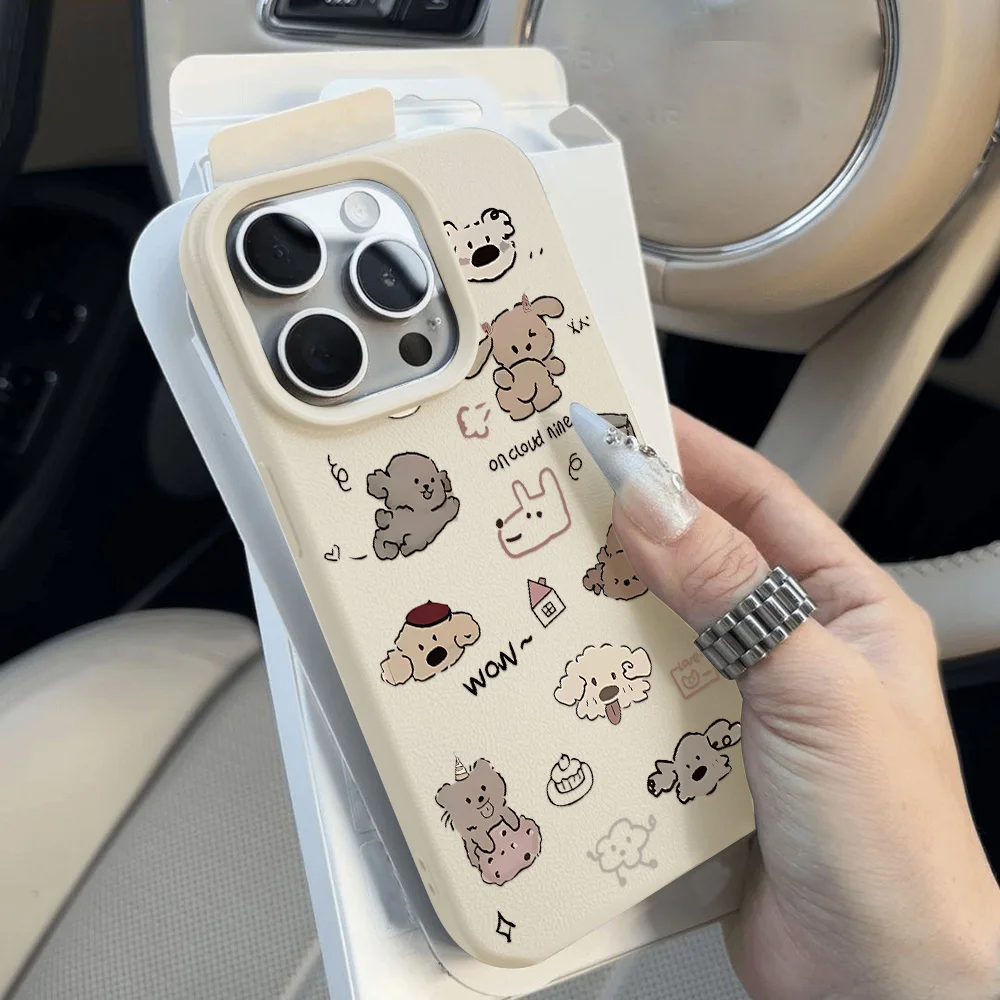 Cute Cartoon Dog Animals Phone Case For iPhone 16 Pro Case iPhone 15 14 11 12 13 Pro Max 16 Plus Soft Leather Shockproof Cover