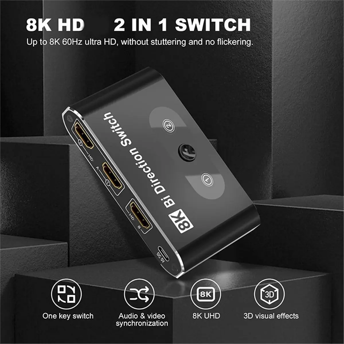 

Цифровой видеоразветвитель 8K 60 Гц с 2 портами (2 входа, 1 выход) для подключения ноутбуков, ПК, PS к мониторам, телевизорам, проекторам
