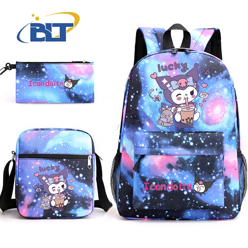 Kuromi Print Rugzak Set Campus Student Schooltas Etui Schoudertas 3-delige Set Voor Meisjes