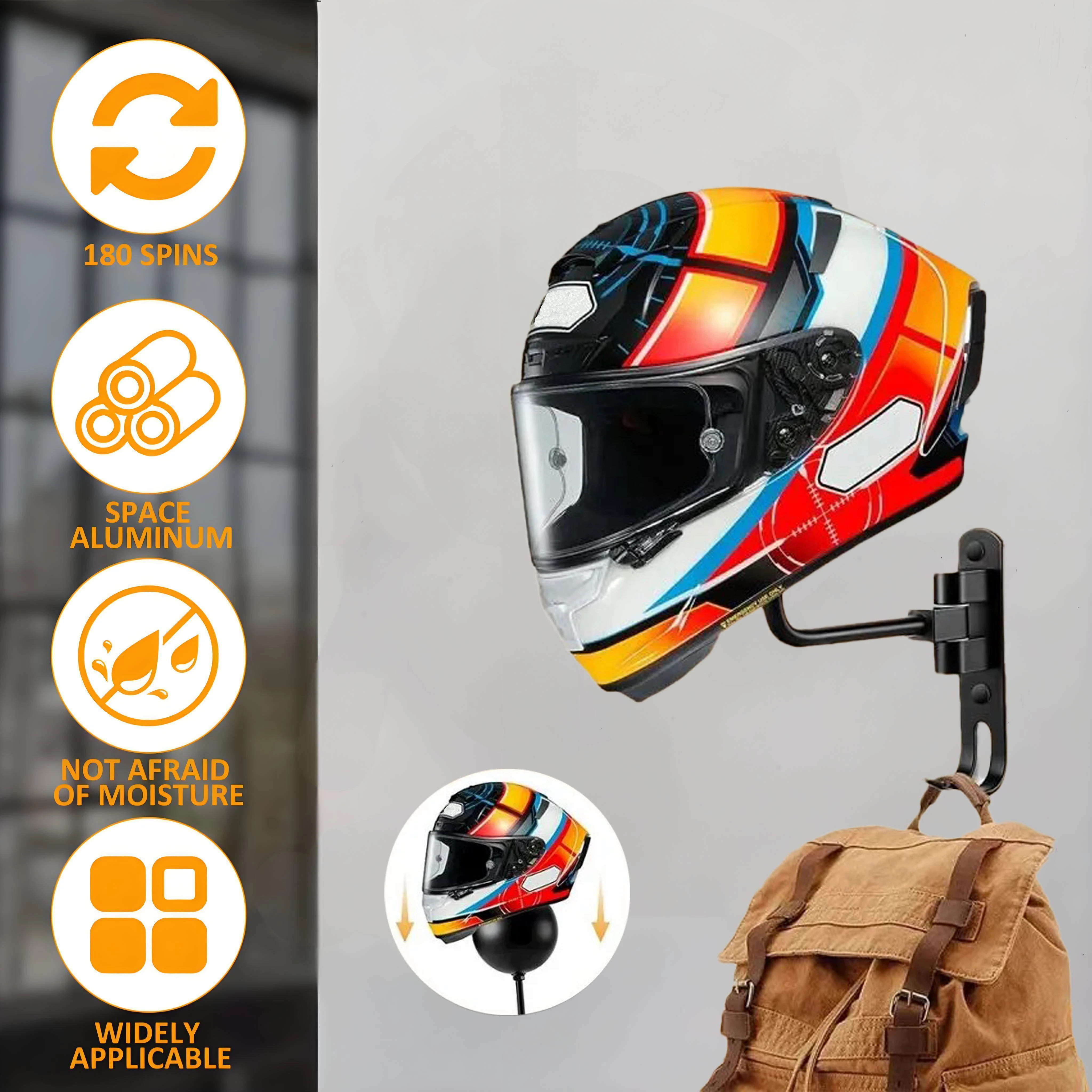 

Мотоцикл шлема Настенное крепление Держатель шлема Вращение 180 ° Вешалка для шлема С крючками Для Костюм Кепп Велосипед Бейсбол Регби -шлем