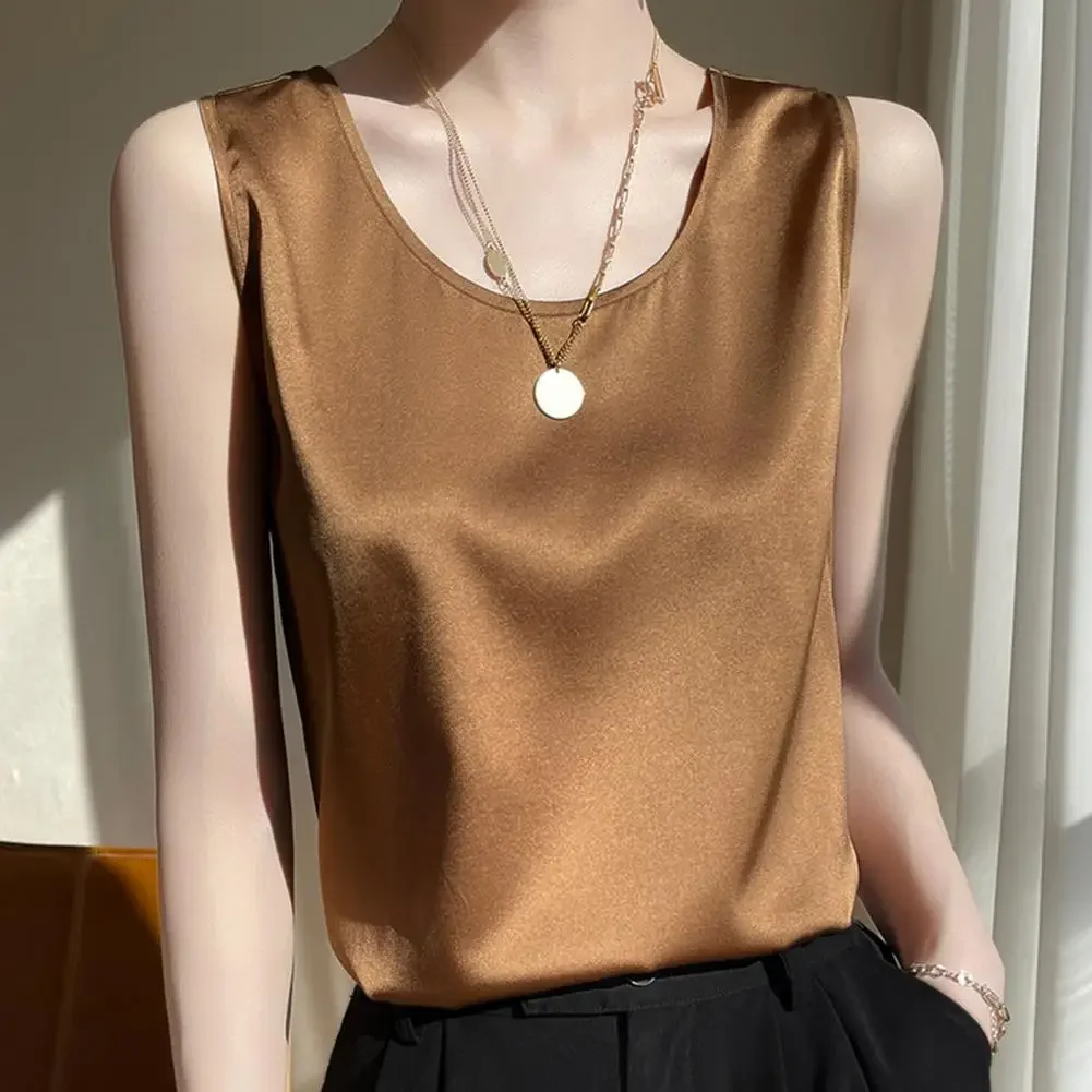 

New Silk Women Summer Vest O Neck Sleeveless Satin Vest Casual Camisole Loose Satin Cami Top Women Blouse Elegant Lady Tank Tops