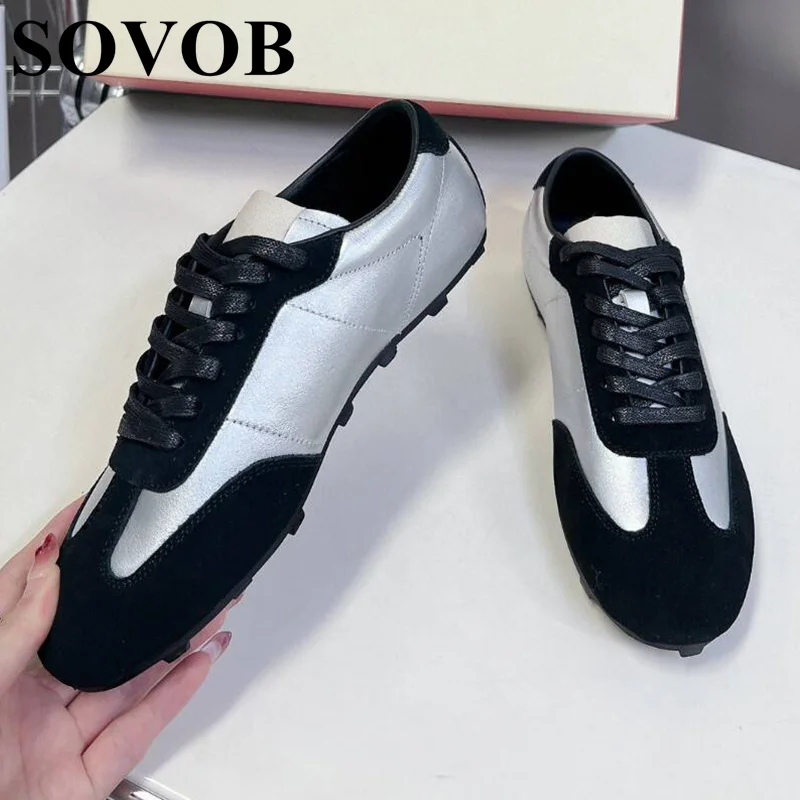 Spring Autumn Real Leather Round Toe Flat Shoes Women Lace Up Color Blocked Sneakers Daily Versatile Tenis Casual Running Shoes