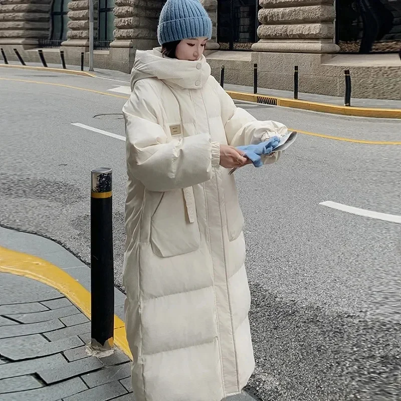 2025, lässige Daunen-Baumwolljacke für Damen, solide Langarm-Outwear, mit Kapuze, X-lange Parkas, Winter-Pufferjacke, dicker, warmer Schneemantel