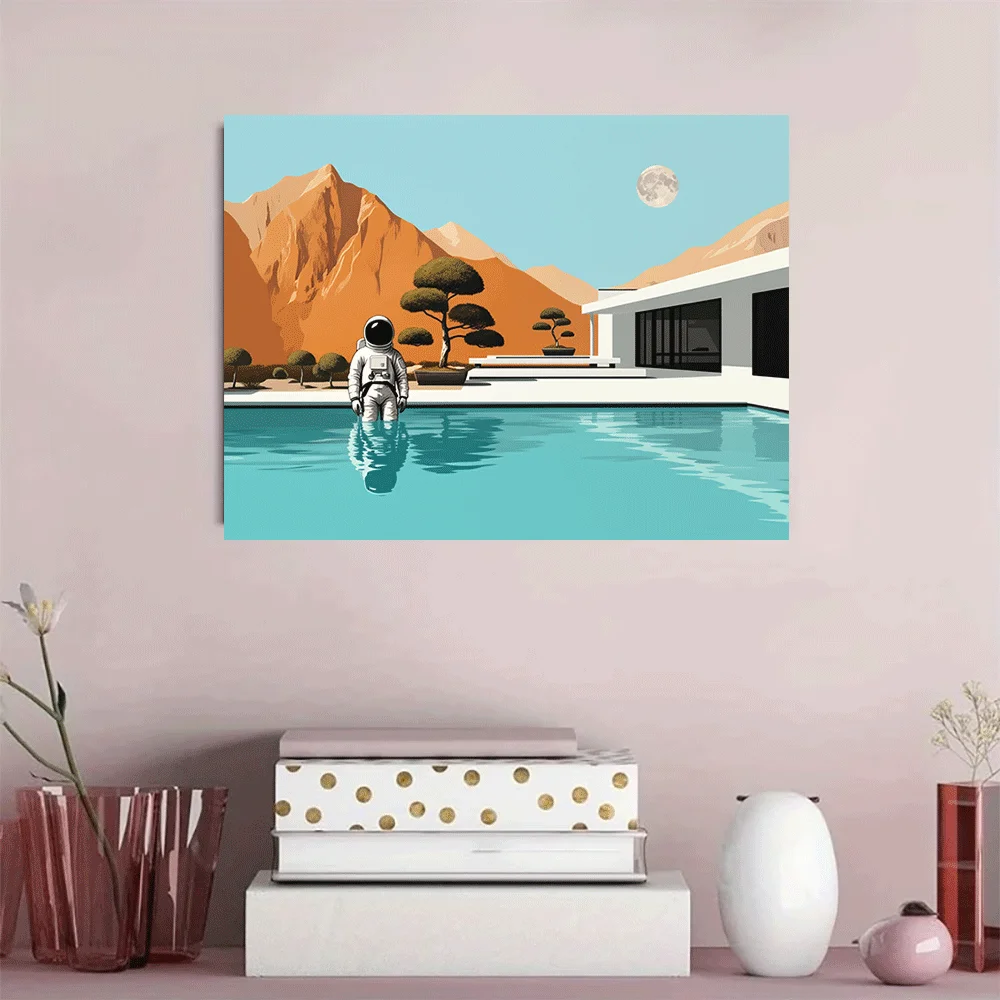 1PC-Unframed Canvas poster wall decoration  Astronaut in Pool Modern Desert House Moon Landscape Art Print