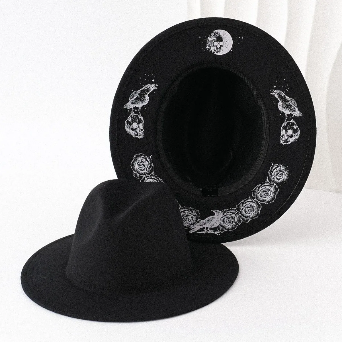 

HongLuan Vintage Black Felt Top Hats, Bohemian Skull & Roses Fedora Moom Cowboy Hat Woman, Cowboy Accessories & Party Caps