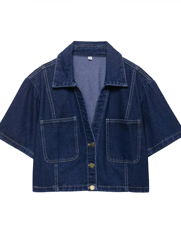 

European style new women's fashion versatile temperament leisure solid color denim short-sleeved jacket