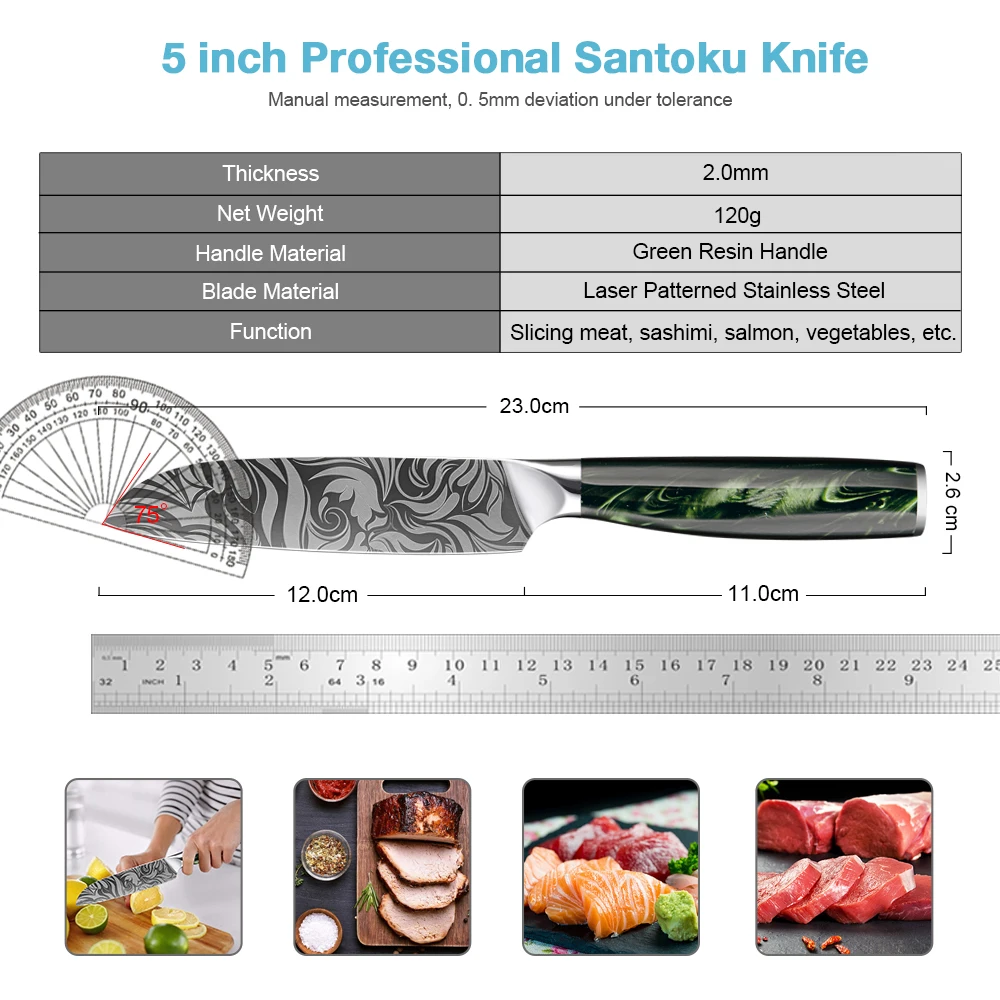 Kitchen Utility Knife 5 inch Stainless Steel Santoku Knife Stainless Steel Damascus Laser Pattern Sharp Paring Knife