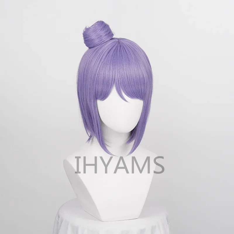 Konan cosplay wigs for women anime party 30cm short purple Grey mixed straight synthetic hair with a bun wig cap