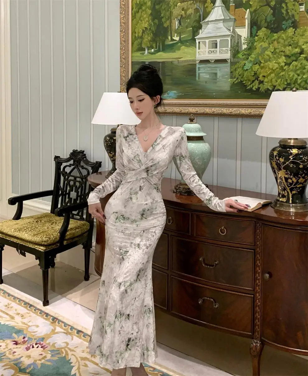 ヴィンテージ V ネック プリント クロスノット グリーン ベルベット ボディコン ミディドレス エレガント スリム パーティー プロム ドレス 女性用イブニングガウン