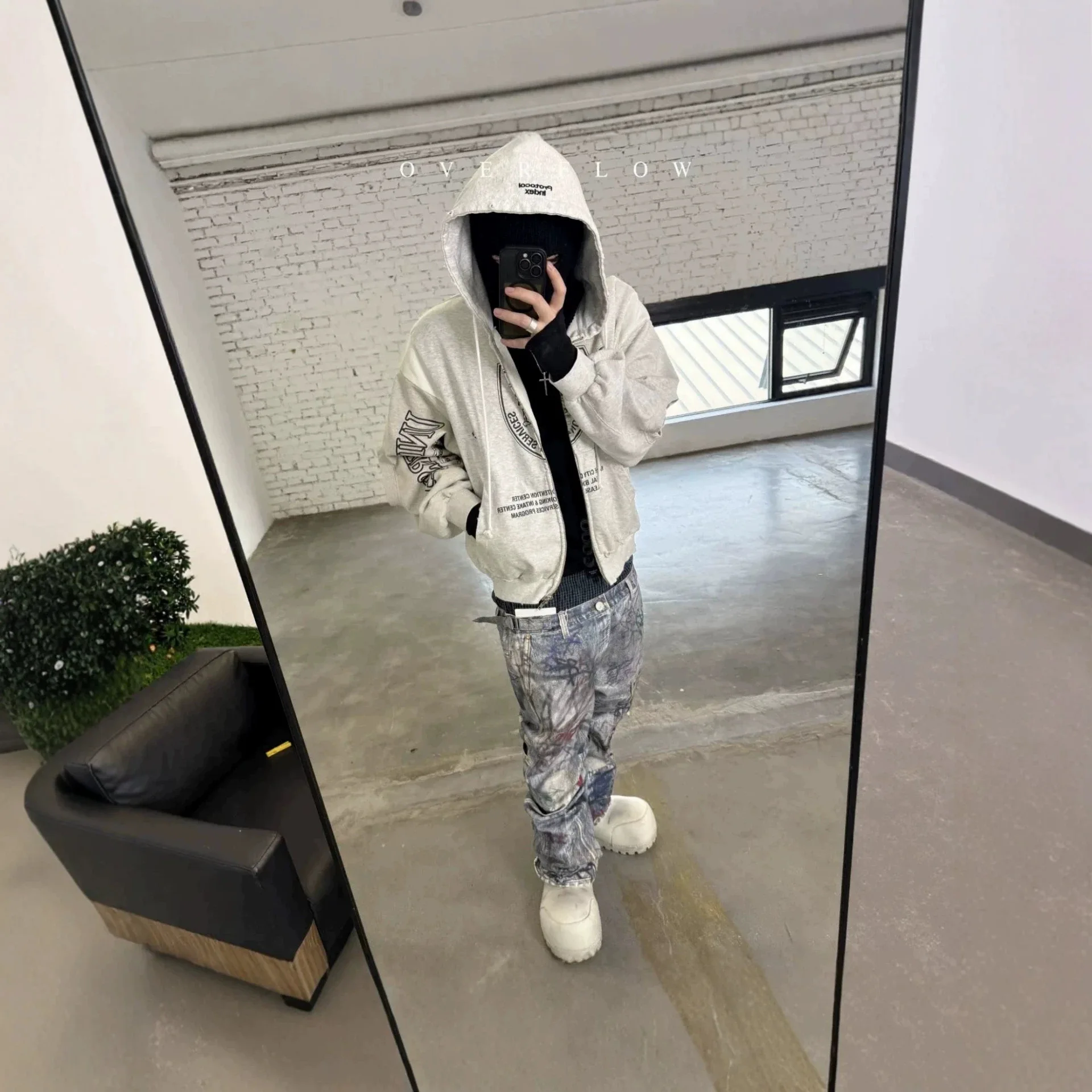 Protocol Index Grailz Washed Hole Vintage Stain-Dyed Patched Textured Print Zip-Up Hoodie for Men and Women PROJECT G/R