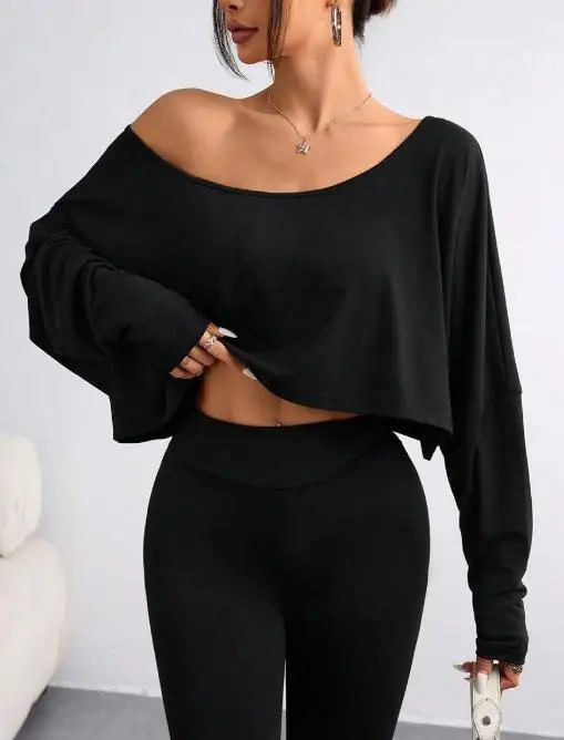 

Top Women 2025 Spring Autumn New Solid Color Slanted Collar Long Sleeve T-Shirt Casual Off Shoulder Loose Daily Crop Top