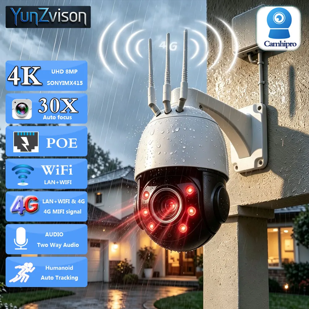 4K 8MP 30X Zoom Surveillance Video PTZ Dome POE&Wireless IP Camera Wifi &4G SIM Card Two Way Audio Humanoid Tracking IR 80M