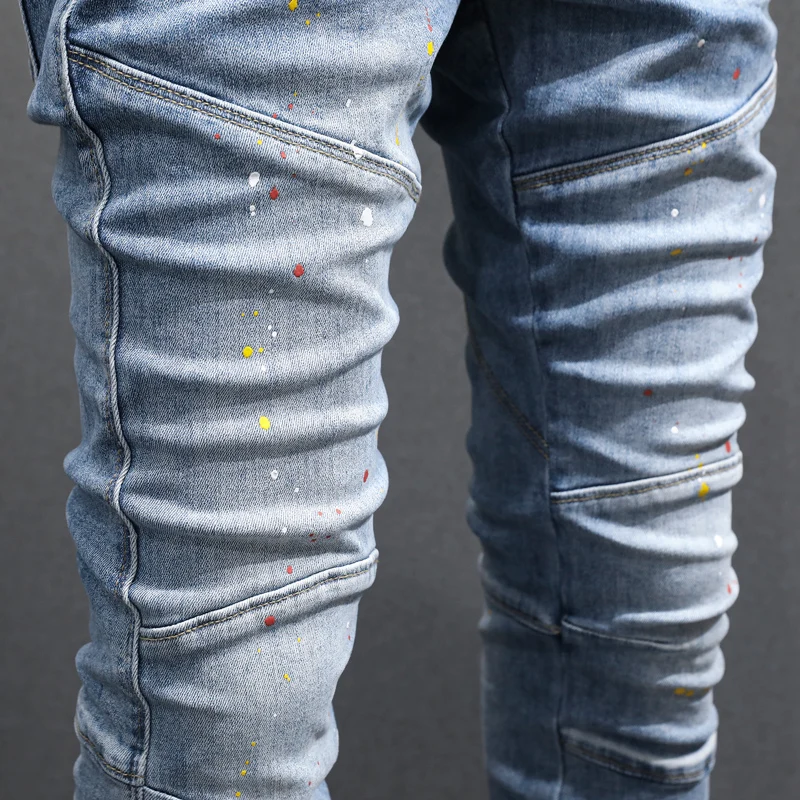 High Street Fashion Men Jeans Retro Light Blue Elastic Stretch Skinny Fit Biker Jeans Men Painted Spliced Designer Hip Hop Pants