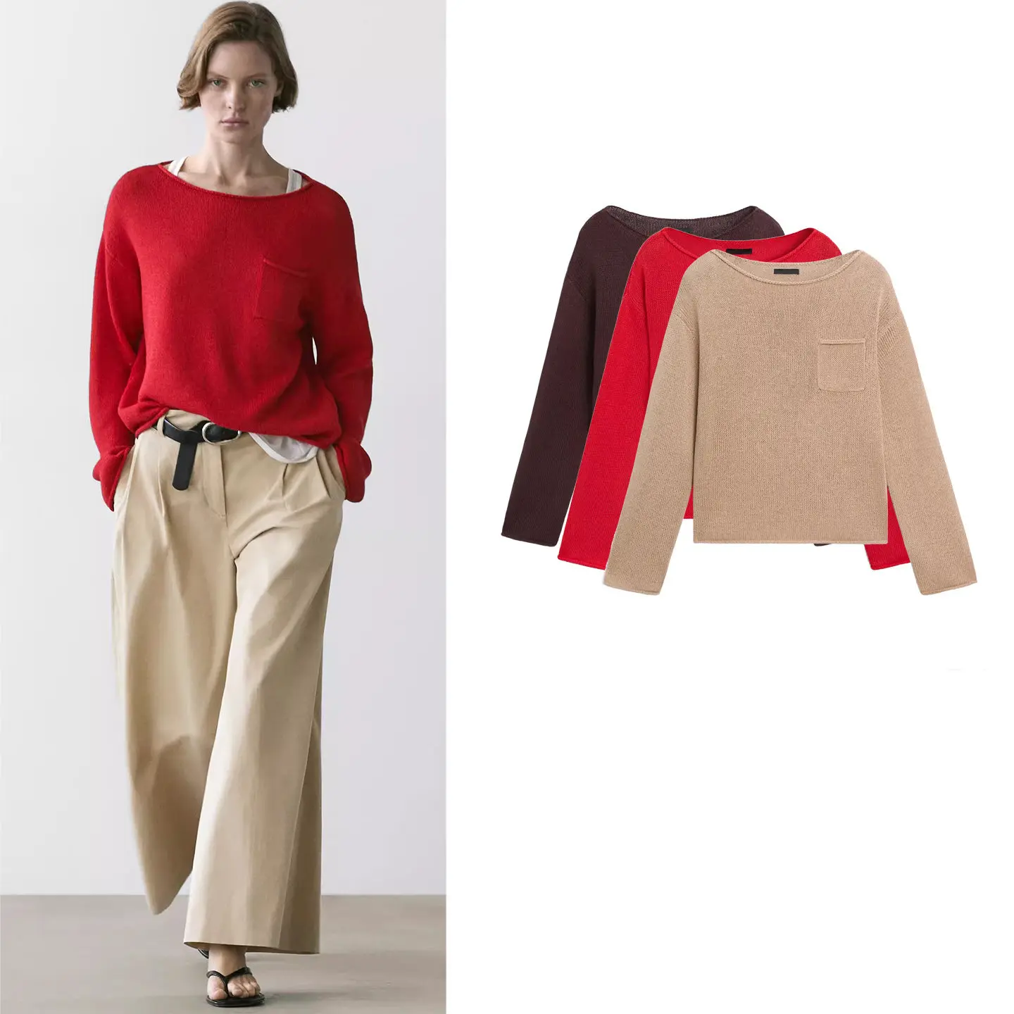 Spring Summer New Women's Casual Style Long Sleeve Knitted Sweater round Neck Pocket Detail Drop Shoulder Soft Polyester Fiber