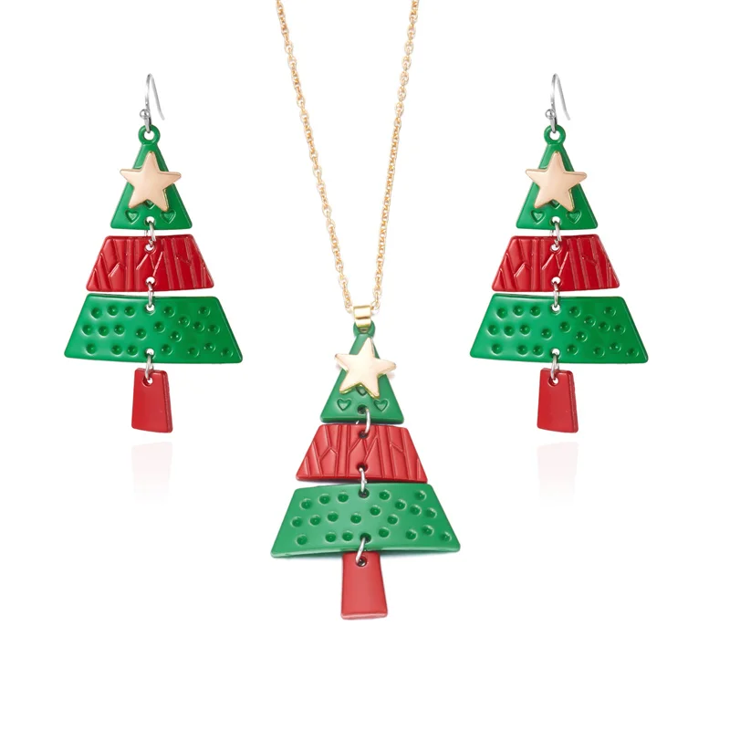 

Design Sense Red Green Spliced ​​Christmas Tree Earrings for Women Sweet Star Tree Pendant Earrings Necklaces New Year Jewelry