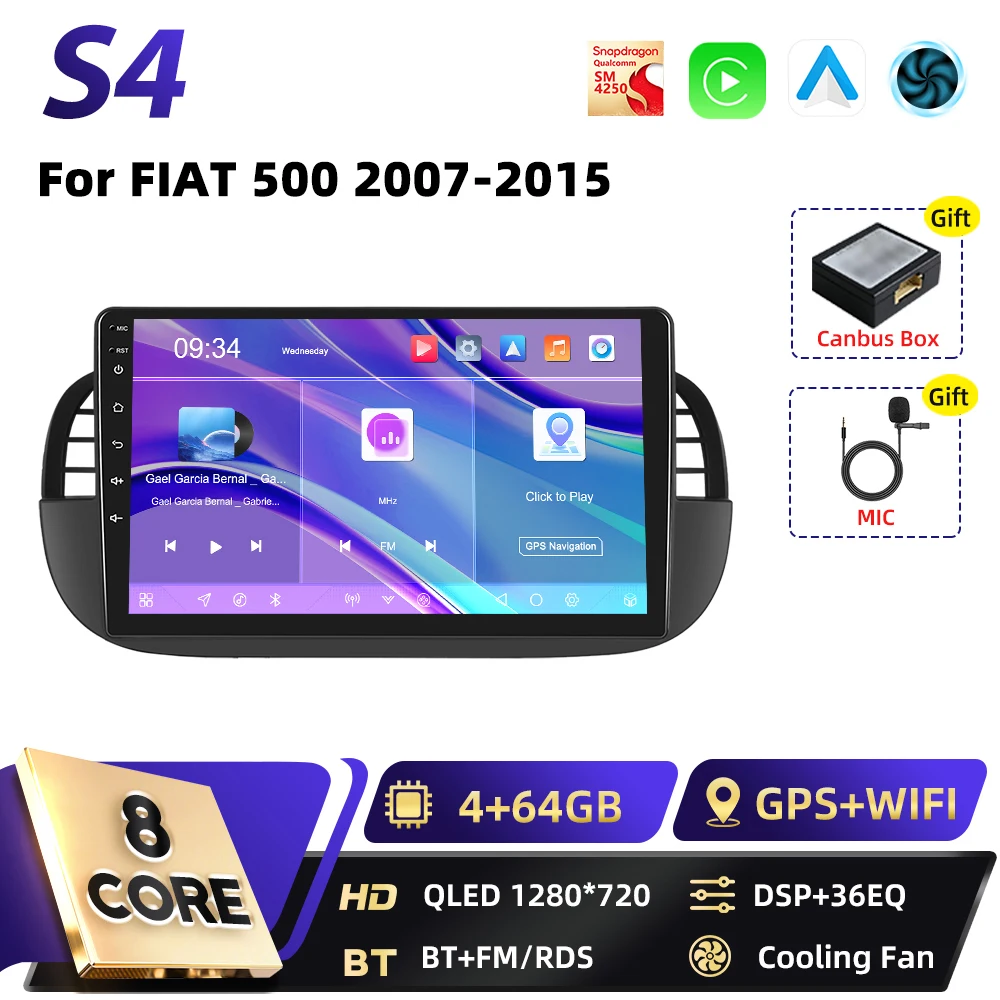 Podofo Qualcomm 8-Core Carplay 2DIN Android Auto Multimedia Speler Voor FIAT 500 2007 2008-2015 GPS Navigatie DSP WIFI FM RDS BT