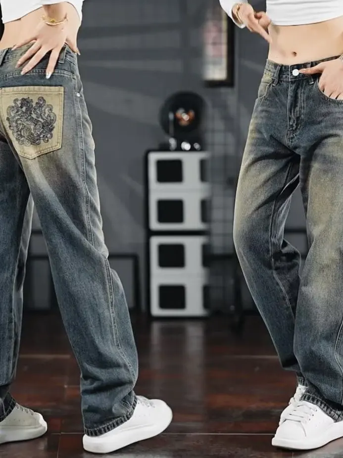 

Retro American Embroidered Loose Fit Men's Jeans Versatile Casual Straight Leg Pants Youthful Sle Comfortable Wear