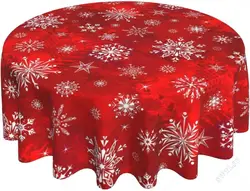 Christmas Red Tablecloth, Winter Snowflake Round Tablecloth Table Cloth for Rustic Farmhouse Kitchen Decor, Wipeable Polyester