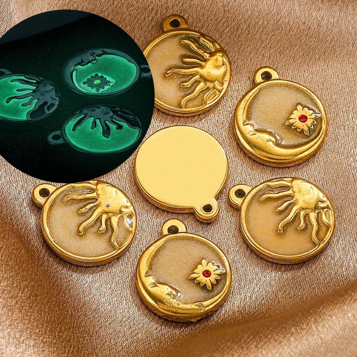 2pcs/Lot Glow In The Dark Sun Moon Matal Earring Pendants DIY Earrings Making Luminous Powder Round Pendants Jewelry Accessories