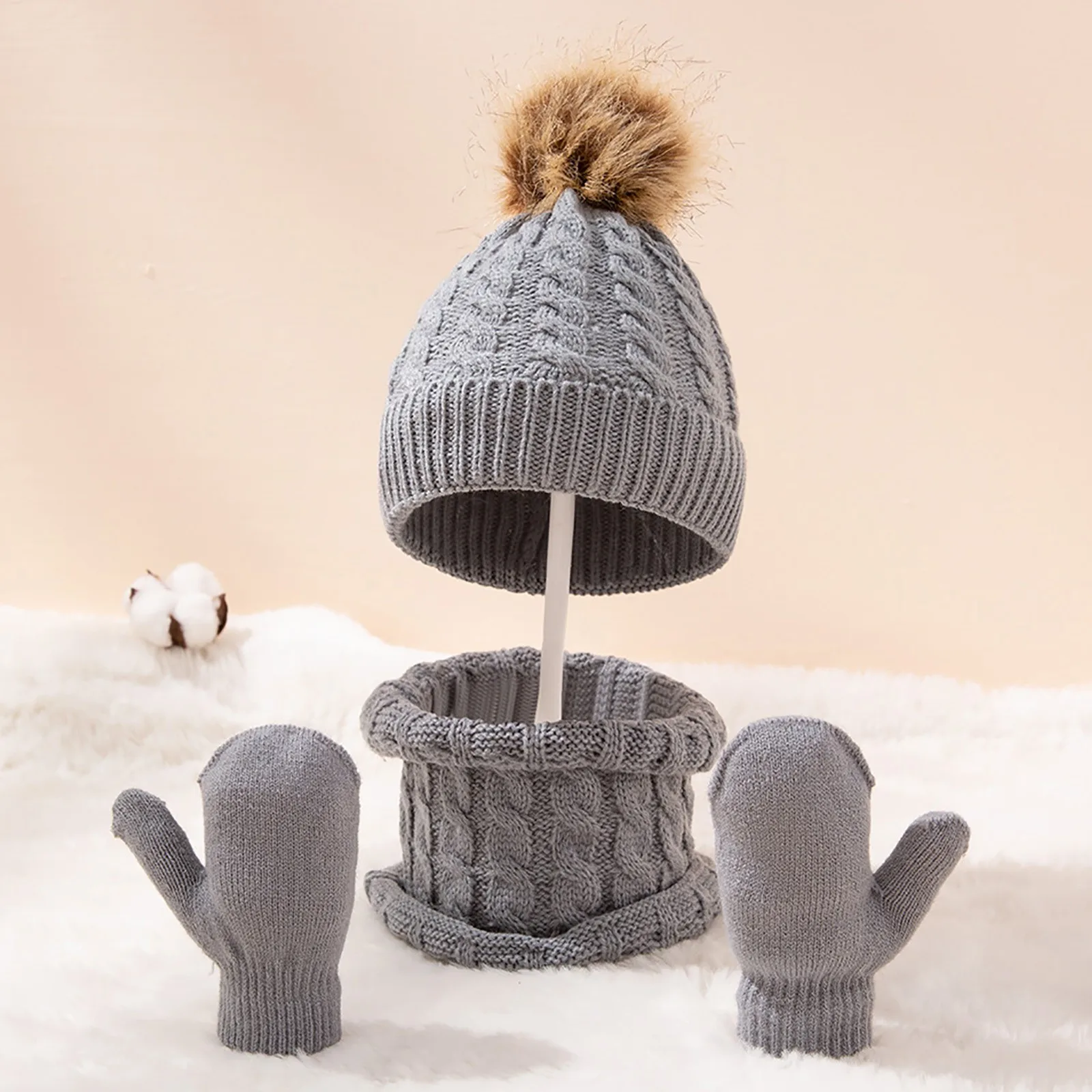 New Winter Hat Scarf Gloves Set for Kids 0-3 Years Boys Girls Children Cotton Warm Pom Poms Hat Sets Solid Color Cute Hat+Scarf