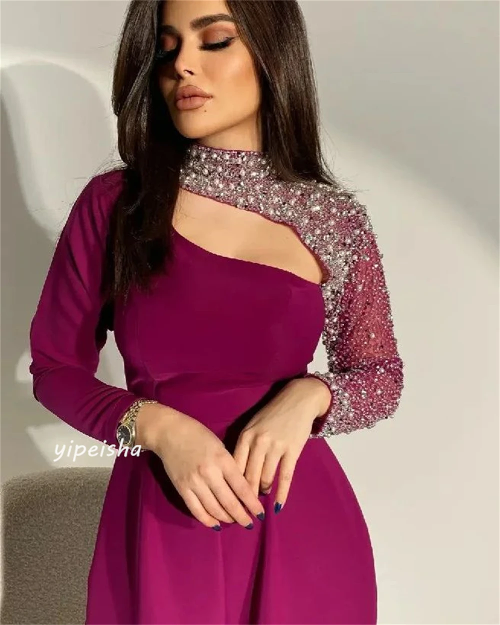 Jersey con lentejuelas y cuentas fruncidas para cumpleaños, vestido Midi de cuello alto a medida para ocasiones