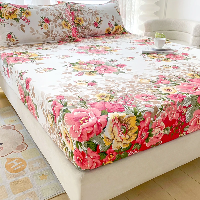 Luxury Floral Fitted Sheet Set Red Flowers Fitted Sheet with Pillowcases Skin-friendly Anti-slip Bed Cover Queen Bedding Set