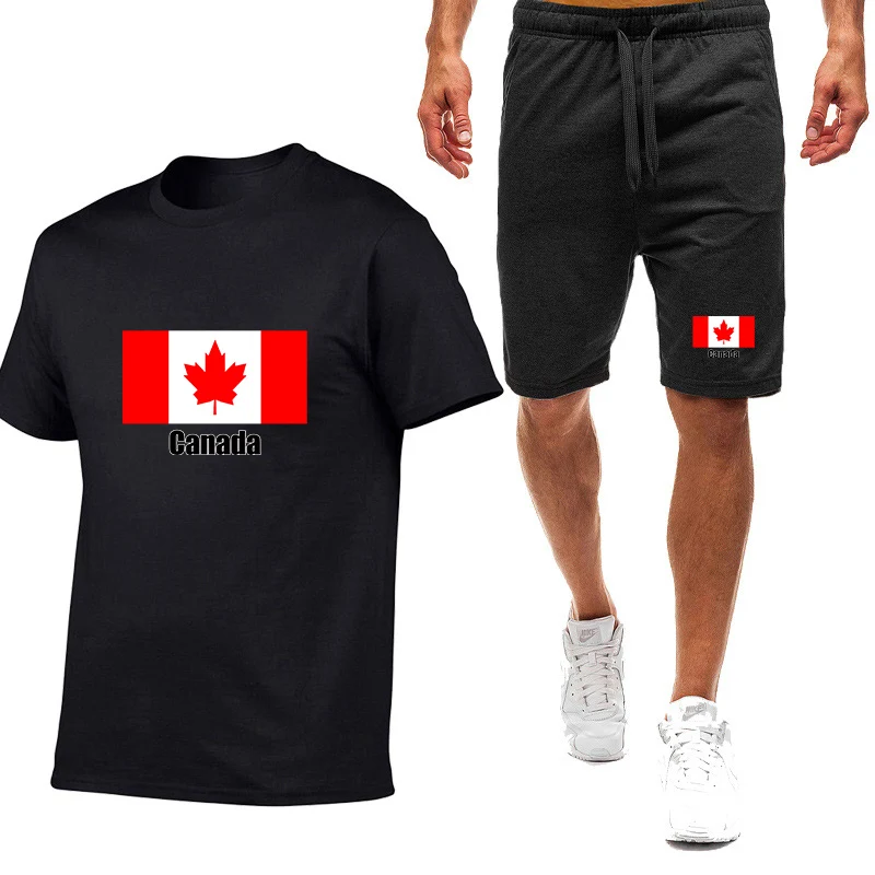 

Men's Canada Flag Logo Print 2026 Summer Football Team High Street Popular Round Neck T-shirt Casual Drawstring Pants Suits