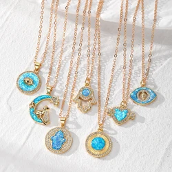 Gold Plated Opal Evil Eye Hamsa Hand Necklace Zircon Trendy Turkish Blue Eye Fatima Pendant Stainless Steel Choker Women Jewelry