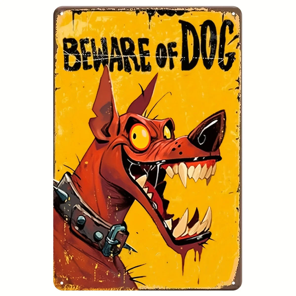 Panneau métallique vintage « Faites attention au chien » - Chien rouge caricatural, fond jaune, chaînes noires, art mural rustique, fer durable, 20,32x30,48 cm