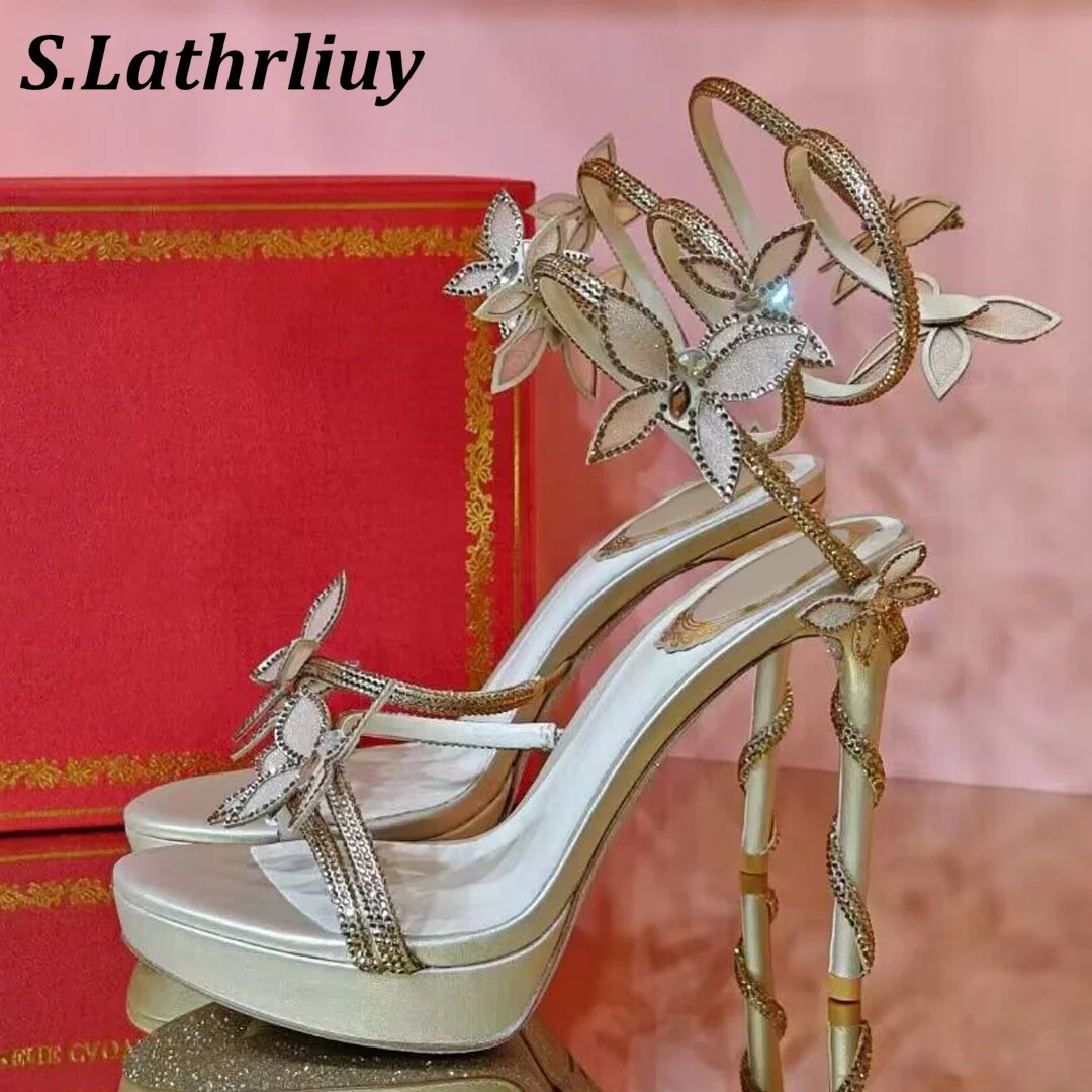 

Summer Thick Soled Open Toed Shiny Crystal Sandals Women's Bling Bling Butterfly Thin Heel Sandalias Sexy Party Dress Shoes