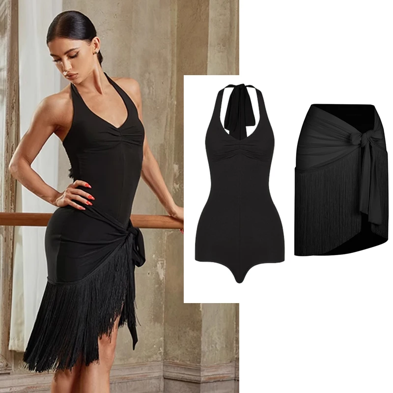 

New ZYM Latin Dance Clothes Women Halter Neck Tops Tassel Skirt Black Dress Adult Cha Cha Rumba Dance Practice Clothing DNV21079