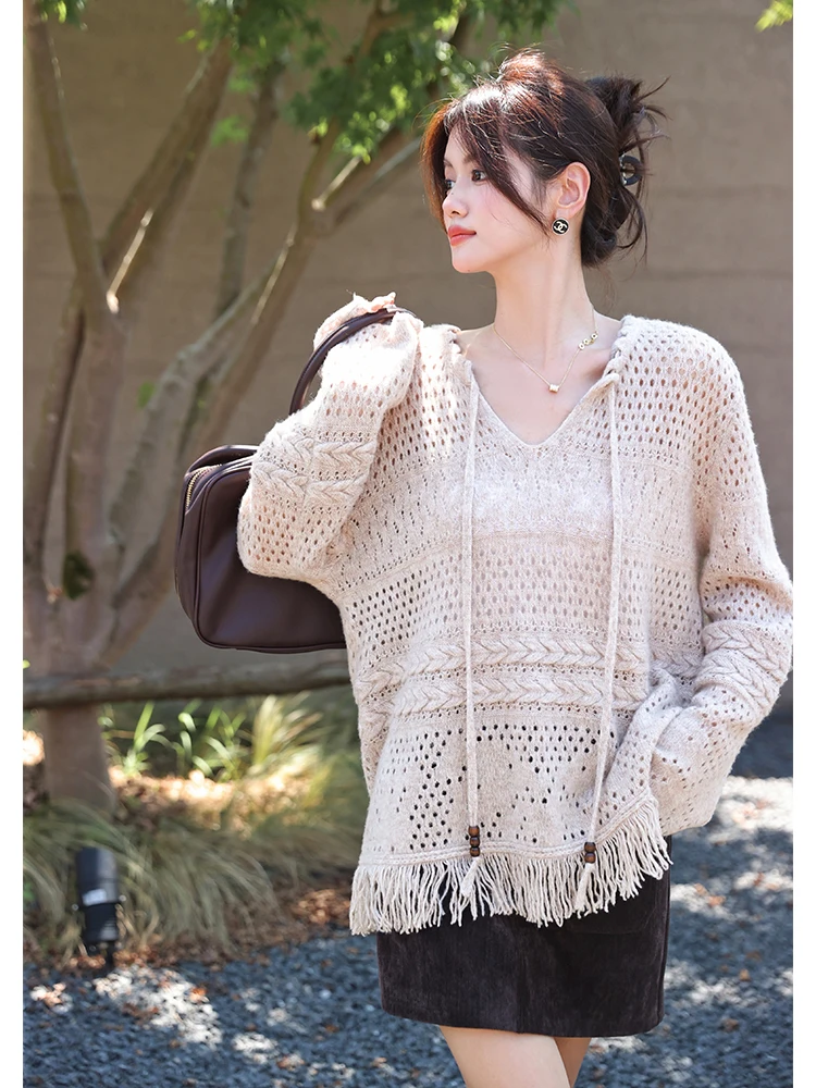 

Handmade Beaded Knitwear Women's Holiday Sle Loose Fit Wool Blend Long Sve round Ne Pullover Simple Commute Sle