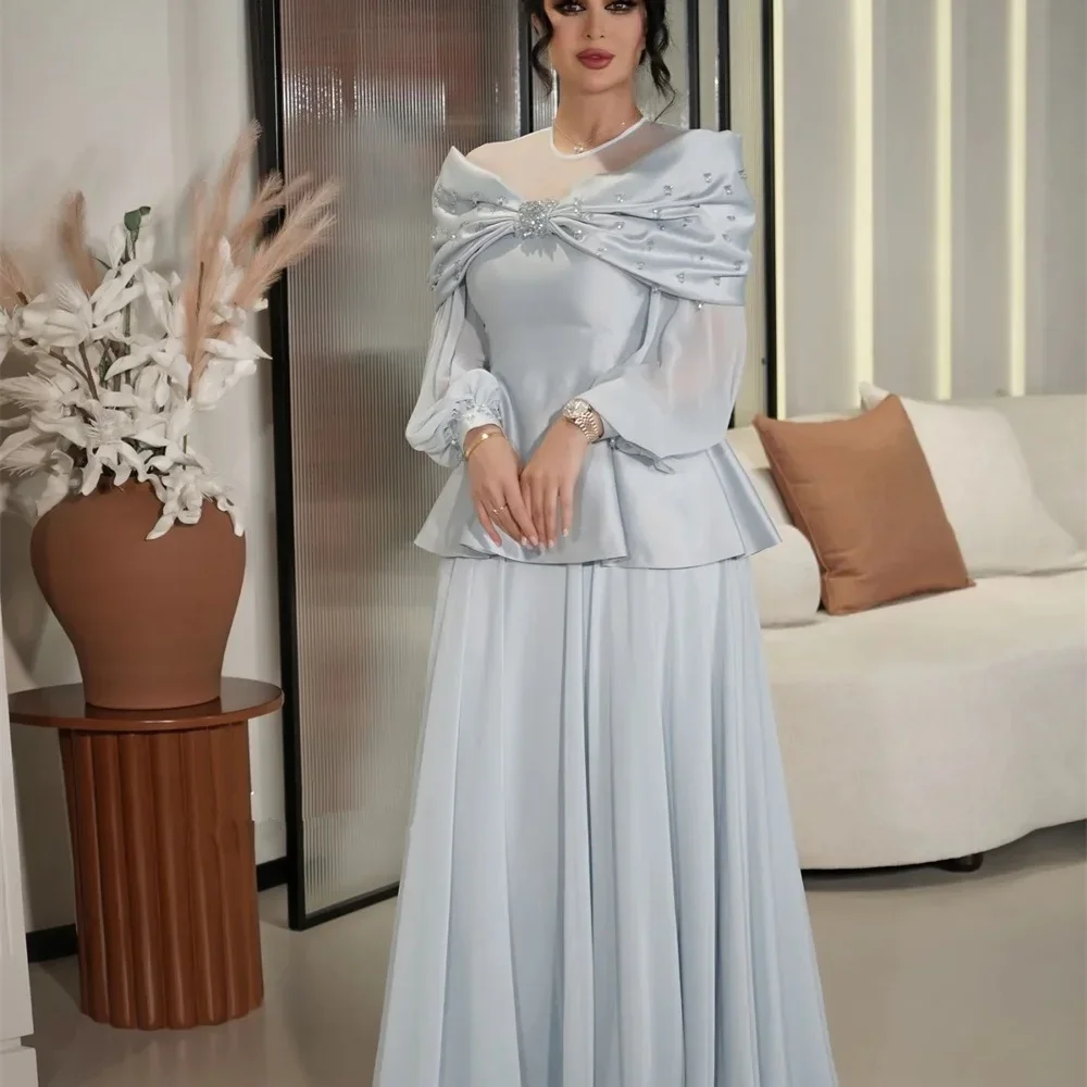 فساتين سهرة رسمية من الشيفون باللون الأزرق السماوي بأكمام طويلة كريستال مخصصة من الجيرسيه فستان حفلات شيفون عربي سعودي