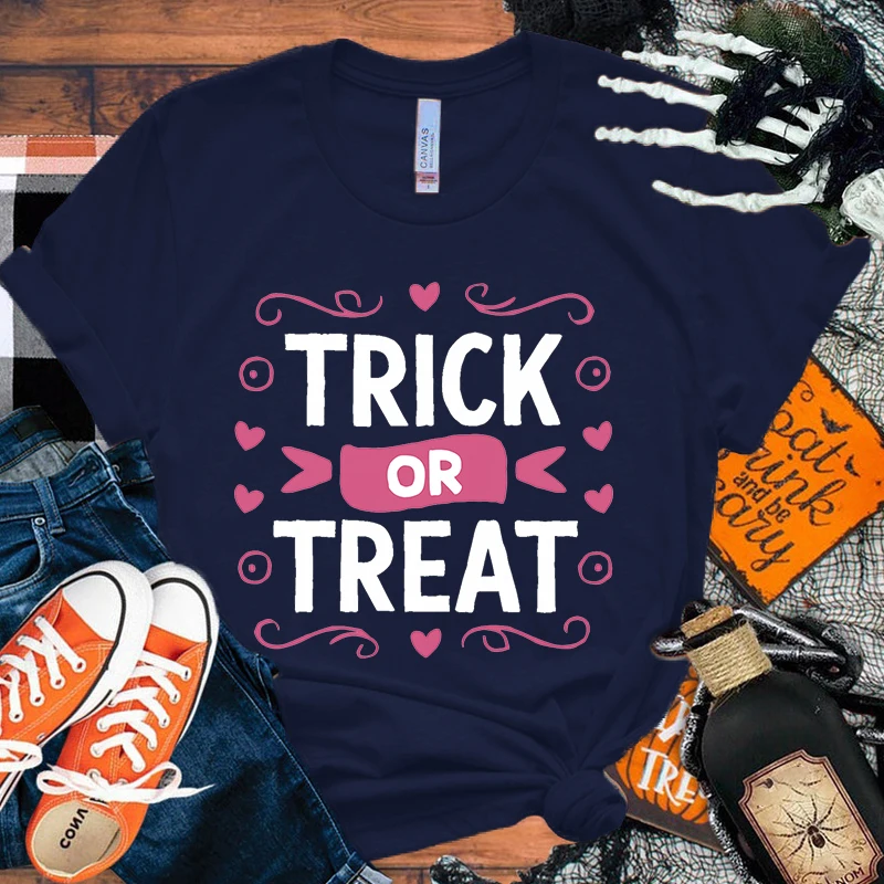 

Hot Halloween Trick Or Treat Print T-Shirt Loose Short Sleeve Harajuku Casual Tops Women Men T-Shirt