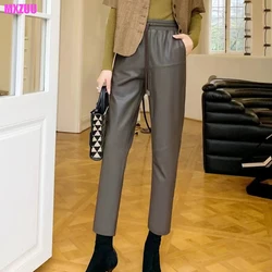 Genuine Leather Pantalon Pour Femme Sheepskin Elastic Waist Drawstring Black/Gray Cropped Trousers Straight Leg Pencil Pants