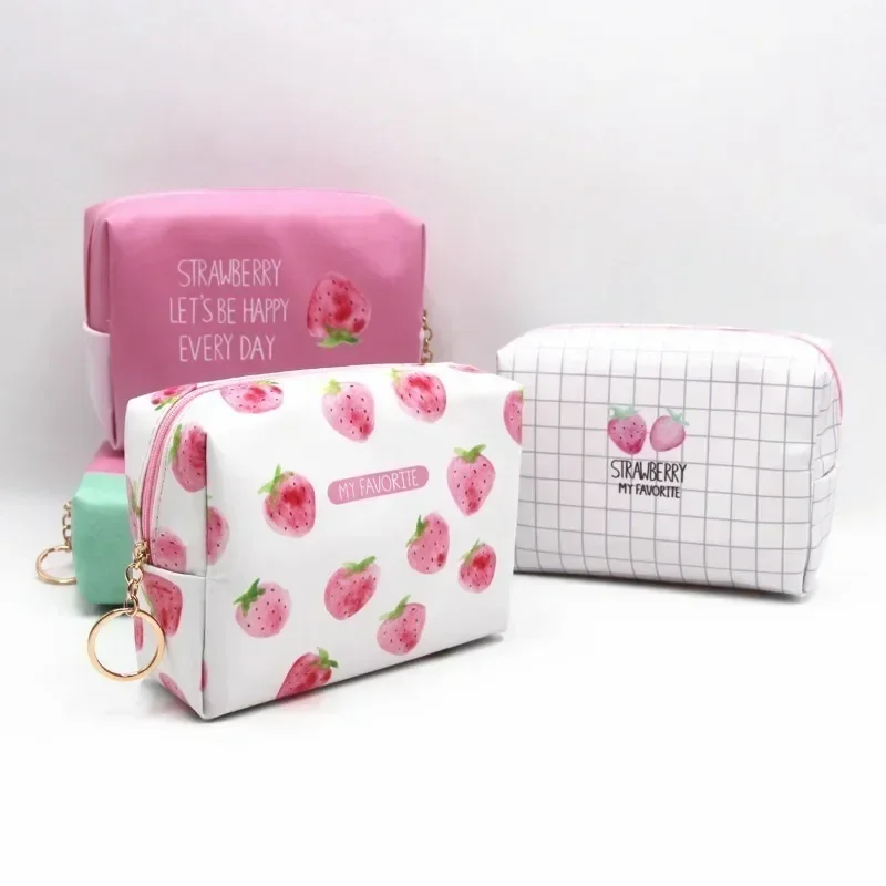 Portable Toiletry Bag Travel Storage Bag Makeup Pouch PU Waterproof Cosmetic Bag Creative Pink Strawberry Series Large Capacity