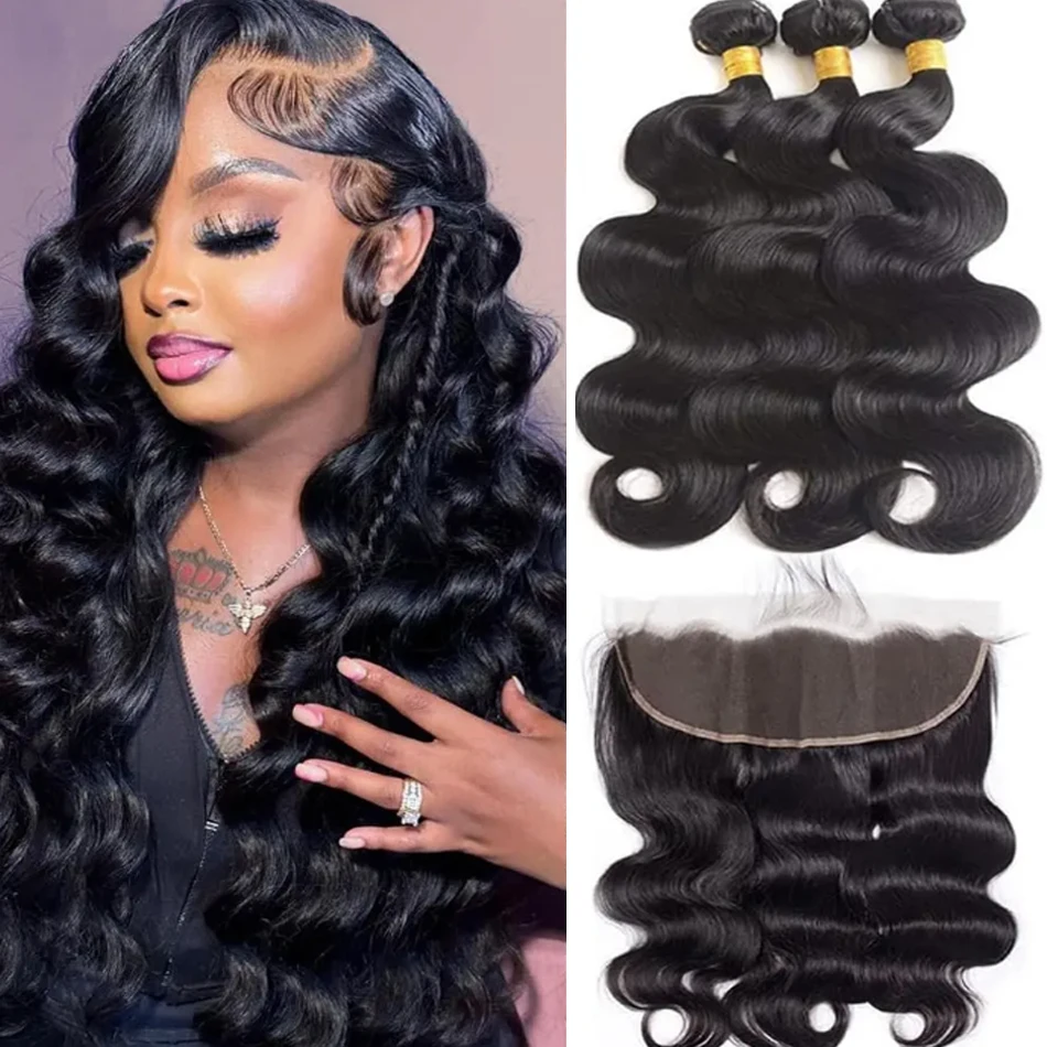 

28-дюймовые пучки объемных волн с HDLace Фронтальная часть Перуанские человеческие волосы 3 пучка с застежкой Волнистые пучки плетения Tissage Cheveux Humain