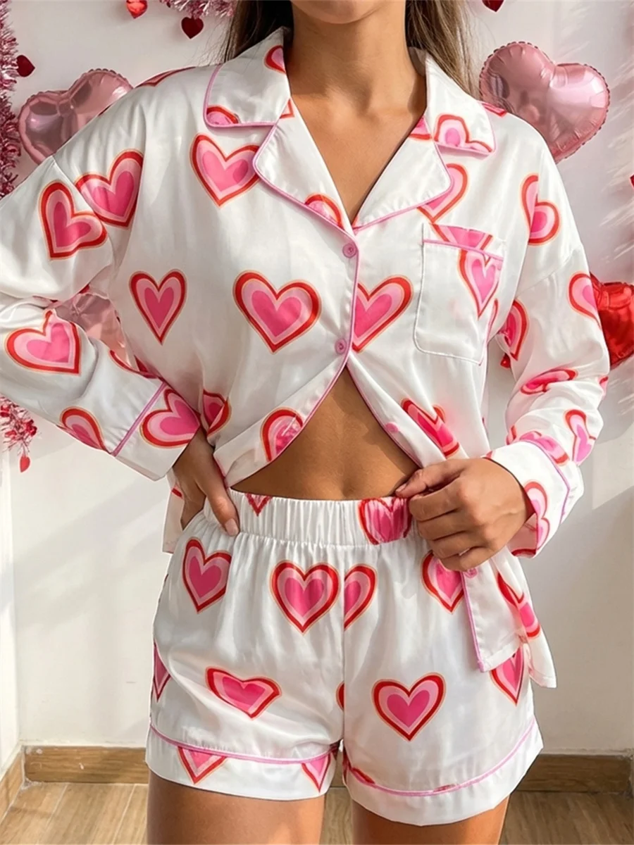 

Women's Pajama Sets Valentine's Day Sleepwear Long Sleeve Lapel Heart Print Shirt with Shorts Sets Casual Satin Loungewear