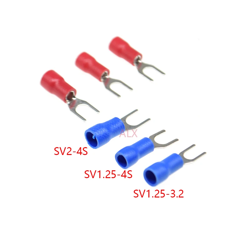 100PCS SV1.25-3/4 SV2-3/4 red blue Furcate spade Terminals Cable Wire Connector Fork Type pre-insulated Crimp terminal SV 1.25 2