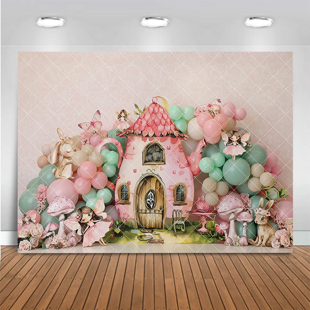 Fada primeiro chá festa pano de fundo para fotografia princesa menina bolo quebra fundos cogumelos rosa flores photo studio adereços