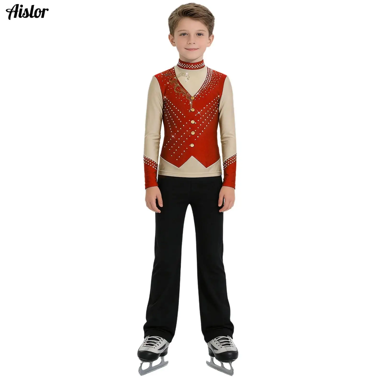 

Kids Boys Girls Figure Ice Skating Performance Costumes Shiny Rhinestones Long Sleeve Zipper Top with Pants Ballet Outfit Sets