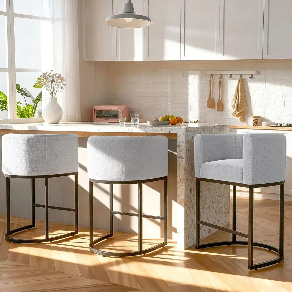 

H Counter Height Bar Stools Set of 3, Modern Barrel Counter Stools with Backrest and Arms, Linen Fabric Upholstered Accent Bars