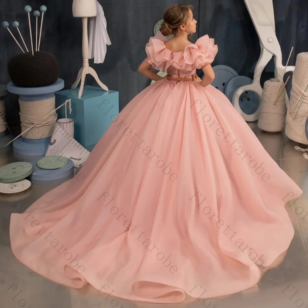 Customized Pink Chiffon Flower Girl Dress Ball Gown Floor Length Off Shoulder Short Ruffle Sleeve Beaded Waist Wedding Kids Gown