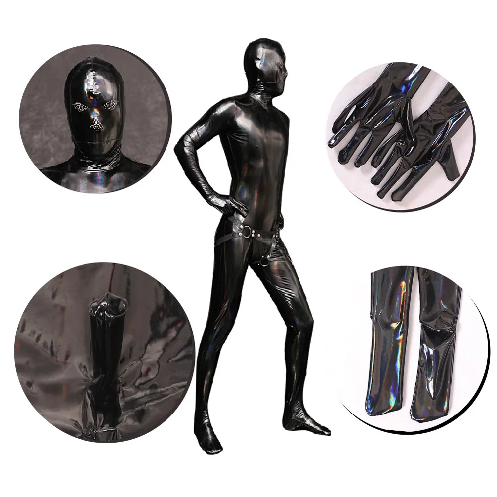 Chromatic Colour Reflection Shiny Leotard Sexy Men\'s Full Bodysuit Latex Elasitc Tights Zipper Open Crotch Cosplay Jumpsuit