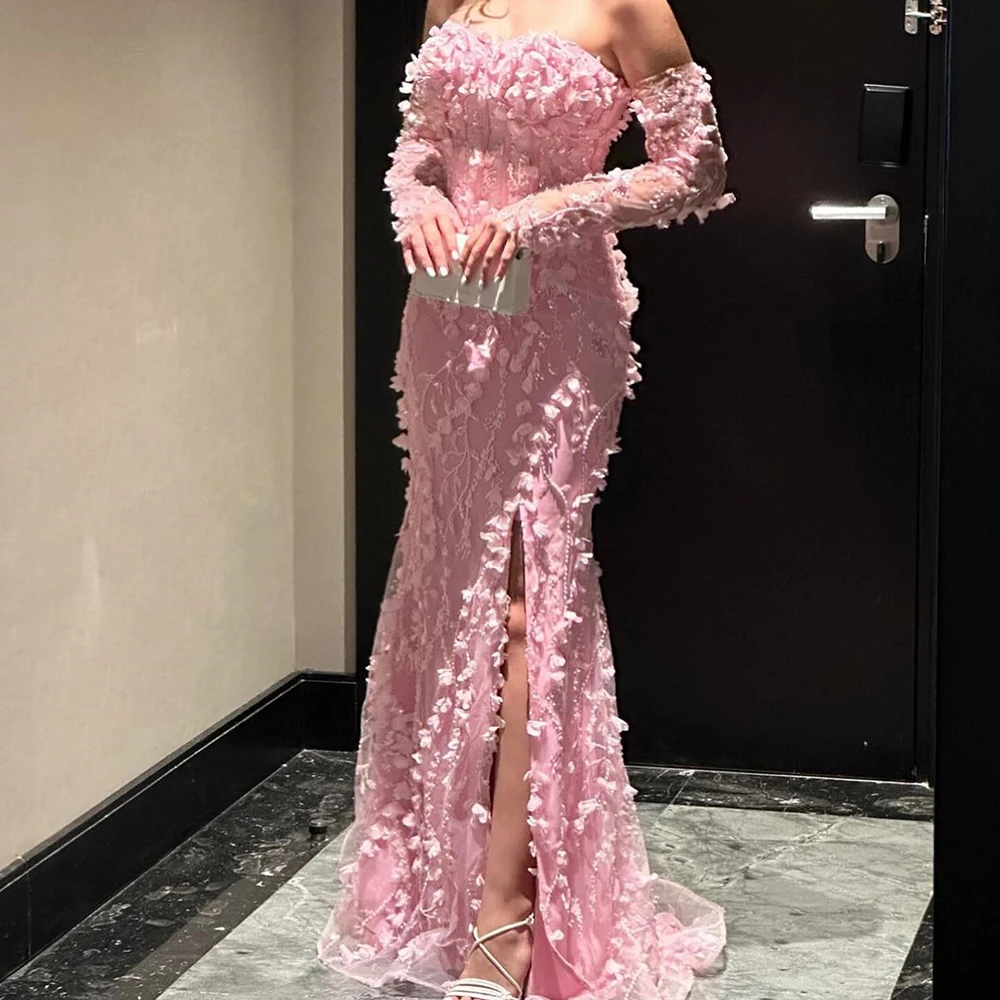 Pink Strapless Off the Shoulder Mermaid Long Sleeves Backless Satin Appliques Lace Beading Elegant Luxury Evening Dress 2024