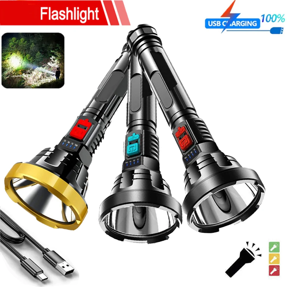 Strong Light Flashlight LED Power Display Built in Battery Outdoor Long Range Waterproof USB Charging Strong Light Flashlight