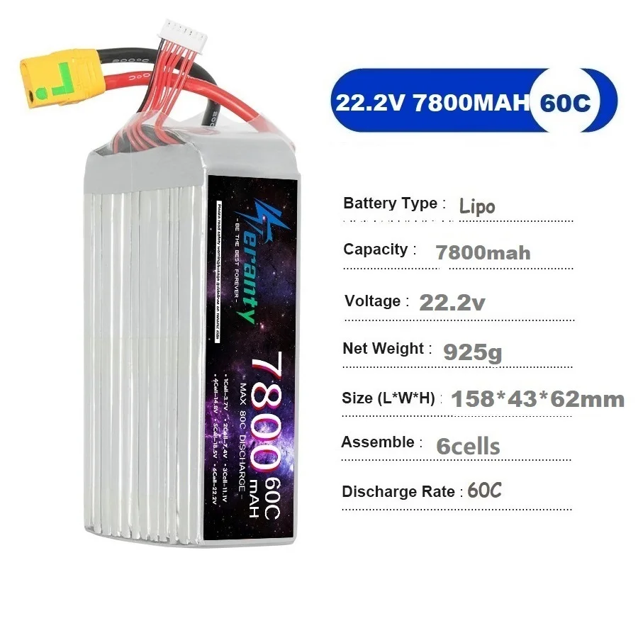 6S Battery 22.2V 7800mah LIPO Battery 60C For Drone RC FPV Helicopter Quadcopter Racing Parts 6S Rechargeable With XT90S EC8